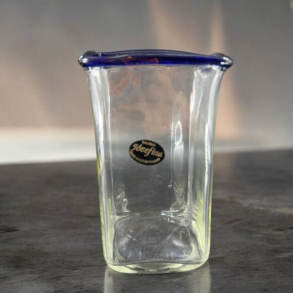 Krosno Jozefina Hand Blown Glass Vase Made In Poland Clear Cobalt Blue Edges VTG - Picture 1 of 16